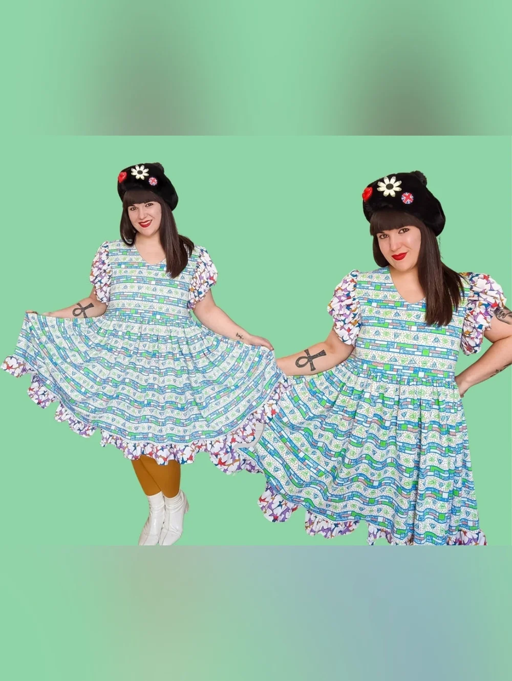 Handmade, upcycled retro, groovy patterned fabric dress Size L - Picture 3 of 8